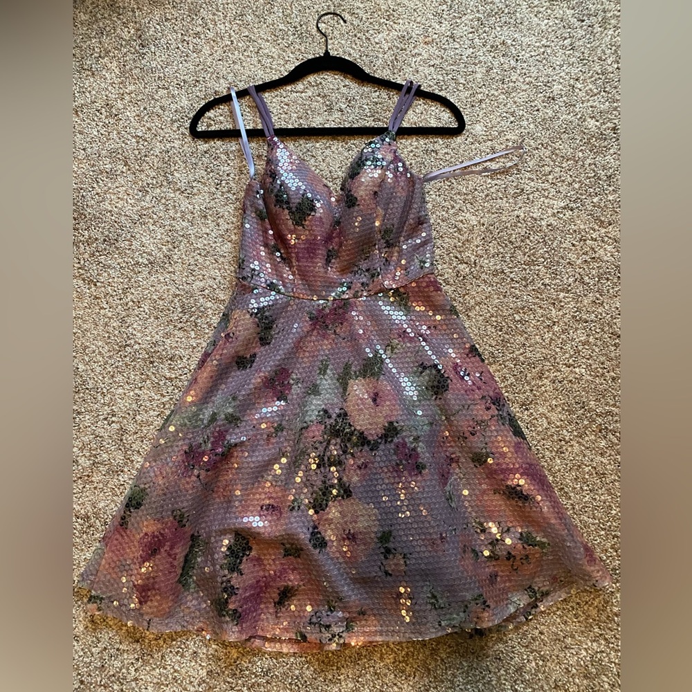 Purple, floral sequin dress